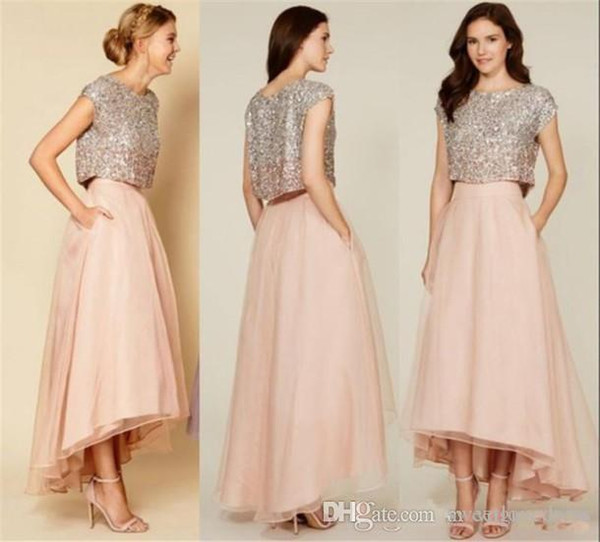 Two Pieces Sparkly Sequins beads Top Tea Length hi-lo Organza Prom Dresses short capped sleeves graduation dress