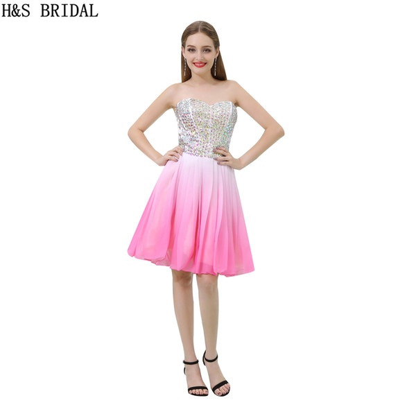 Real Photos Fashion Mixed Color Chiffon Short Graduation Dresses Girls Party Prom Dresses Shinny Beaded Gown B032