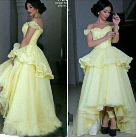 2016 Prom Dresses A-line Juliet Off-the -Shoulder Yellow Hi-Lo Peplum Ruffles Beaded Appliques Sexy Back Graduation Gowns