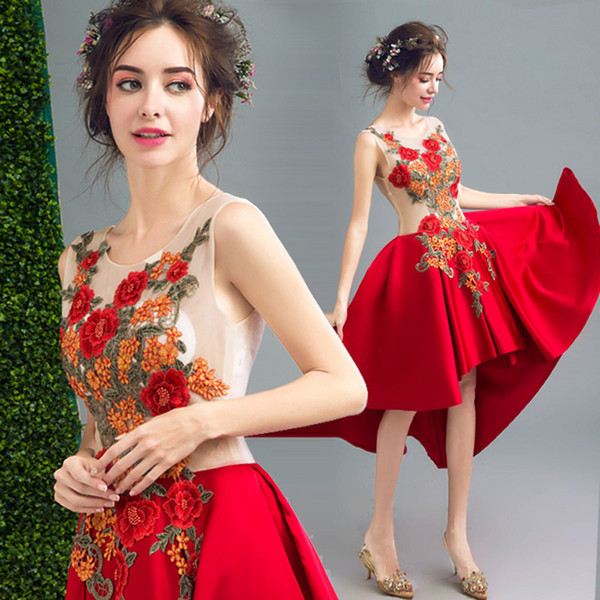 Seductive Lace Embroidery Red Graduation Dresses Cheap Sleeveless Illusion High Low Prom Dresses Corset Homecoming Party Gowns Cheap