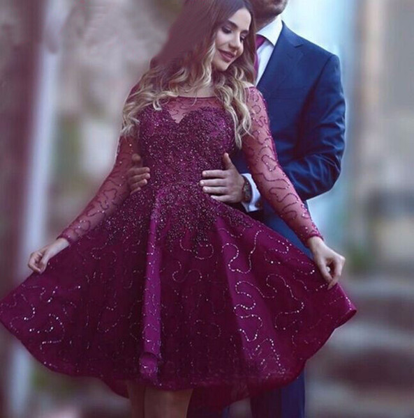 Red Scoop Neckline Long Sleeves Knee Length Prom Dresses Lace Beads Homecoming Dress Cocktail Party Gowns Graduation Dresses Customized