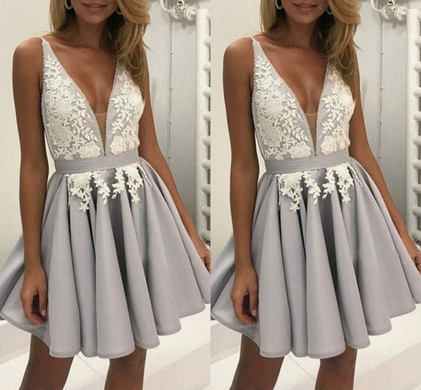 Sliver Short Graduation Prom dresses Deep V neck Beaded Applique Lace Ruched A line Satin Designer Evening Homecoming Party Dress Cheap