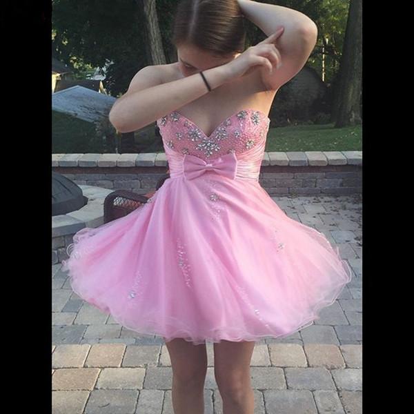 Sweet Pink Graduation Dresses Short Mini Length Tulle Homecoming Dresses Crystal Beading Bow Girls Party Gowns