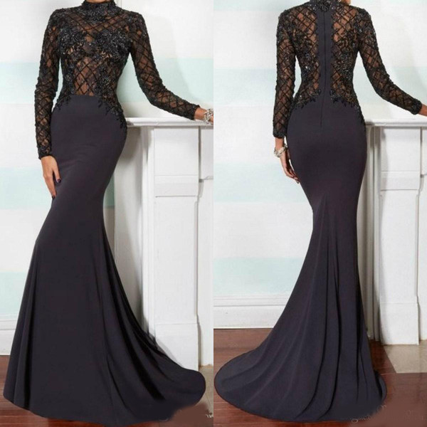 Elegant Mermaid Mother of the graduation Dresses High Neck Long Sleeve Lace Applique Black Beads Crystals Chapel Train Evening Gowns