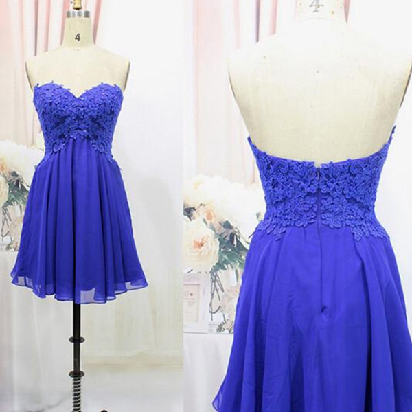 Blue Empire Short Graduation Dresses Sweetheart Chiffon Appliqued Lace Real Photo Mini Homecoming Prom Party Gowns For Girls