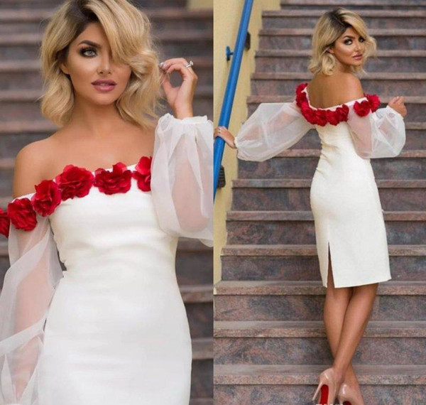 White Short Prom Dresses with Long Sleeve Off Shoulder Graduation Party Gown Flower Appliques Knee Length Vestidos De Fiesta Cocktail Dress