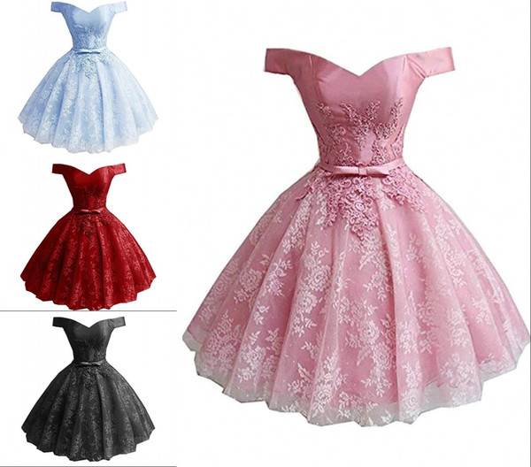 Romantic Lace Short Graduation Prom dresses Cheap off shoulder With Sleeves Applique Ball Gown Corset Homecoming Party Dress Cheap