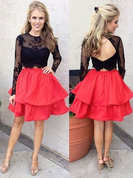 Red Black Long Sleeve Graduation Dresses 8th Grade Piping Two Layers Skirt Jewel Keyhole Backless Cheap Short Prom Dress Homecoming Dresses