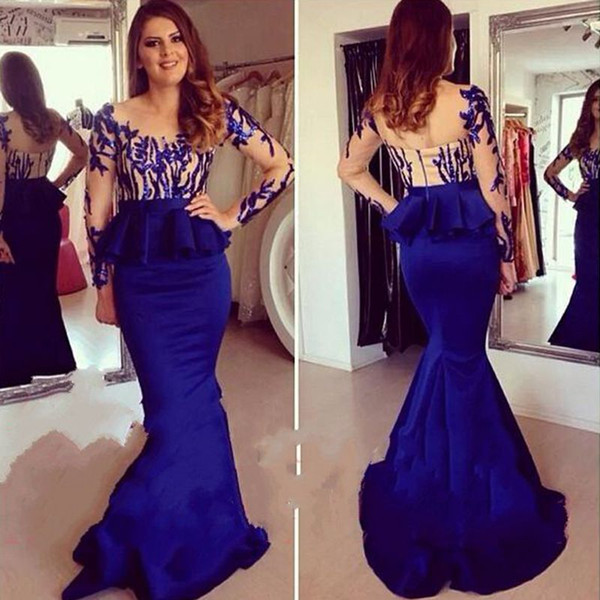 Graduation Dresses Royal Blue Evening Dresses Sheer Neck Long Formal Prom Gowns Occasion Dresses Mermaid Jewel Long Sleeve Party Celebrity