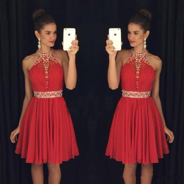 Red Sweet 16 graduation Dresses Halter Neck Vestido Formatura Curto Beaded Crystals Rhinestones Ruched Backless Short Prom Dresses