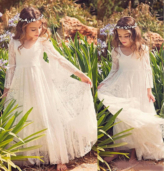New Beach graduation Dresses White Ivory Boho First Communion Dress For Little Girl V-Neck Long Sleeve A-Line Cheap Kids prom Dress