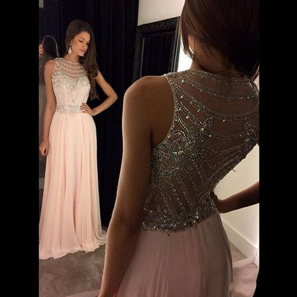 New Pink Flow Chiffon Sexy Back Evening Dresses Sheer Crew Neck Beaded Crystals Sleeveless A-line Long Prom Party Graduation Dresses