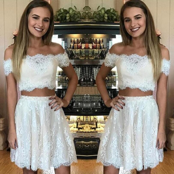 Two Pieces Lace Graduation Dresses Cap Sleeves Two Pieces Formal Homecoming Dresses Mini Length Formal Girls Party Gowns