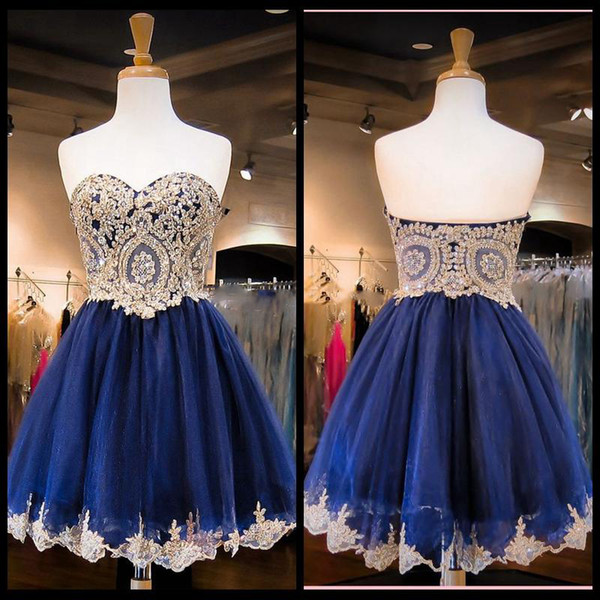 New Arrival Sweetheart Neck Gold Lace Homecoming Dress Mini Short Navy Blue graduation Dress Short Sweet 16 Dresses