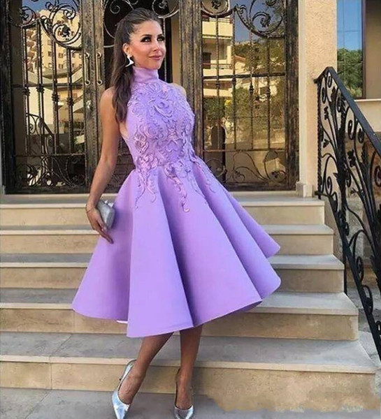 Light Purple High Neck Sleeveless Tea Length Cocktail Party Dresses A Line Satin Lace Applique Prom graduation Homecoming short dresses