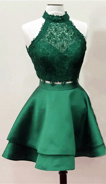 Real Photo Green 2 Pieces Graduation Party Dresses Satin High Neck Lace Beading Sequined Short Prom Homecoming Cocktail Dress Cheap