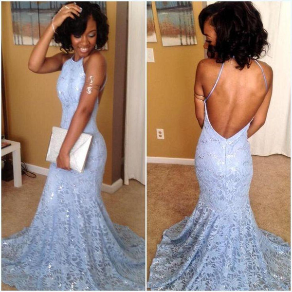 Lace Long Halter Prom Dresses Sexy Backless 8th grade Graduation Dress African Mermaid Evening Gowns vestido de festa longo Full Lace robe