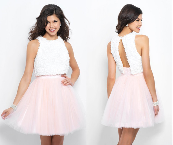 White Lace With Pink Chiffon Graduation Dress Short A line Open Back Tulle Prom Homecoming Party Dresses Gowns Cheap Jewel Neckline