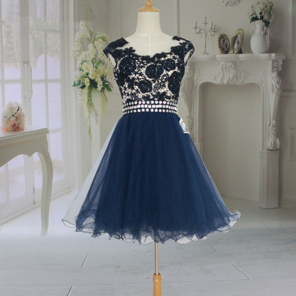 Kids Girls Graduation Dress Dark Navy Tulle And Lace A-line Real Photo Short Cocktail Party Dresses Homecoming Gown For 8TH Grade