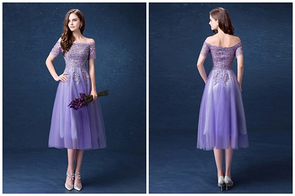 2016 new word shoulder short sleeve Graduation Dresses lavender lace applique beaded Graduation prom dress plus size evening formal dress