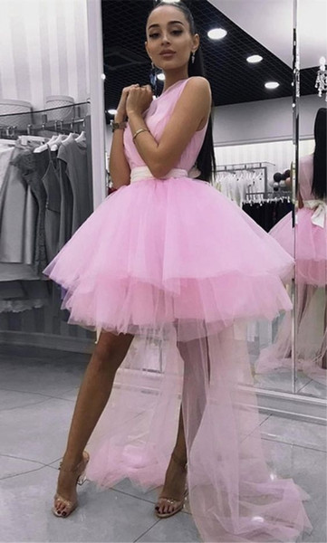 Cute Pink High Low Graduation Party Dresses Tulle Ball Gowns Sheer Neck Bows Pleated Cheap Homecoming Prom dress