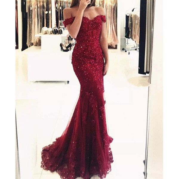 Elegant Burgundy Off the Shoulder Beaded Mermaid Prom Dresses Beaded Lace Appliques Evening Gowns Graduation Dresses