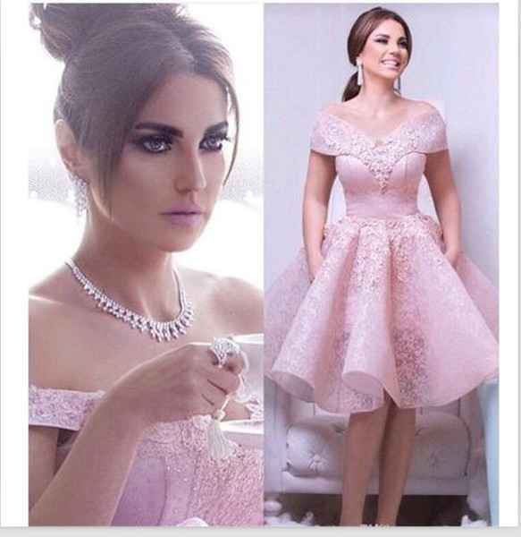 Sweet Pink Lace Graduation Dresses Short Mini Off The Shoulder Homecoming Dresses Lace Up Back Short Prom Gowns