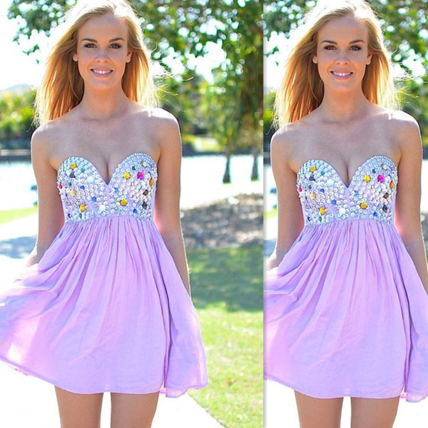 Formal Graduation Dresses 2016 Light Purple Sweetheart Mini Cocktail Gowns Crystal Beaded Chiffon Sexy Short Prom Dress