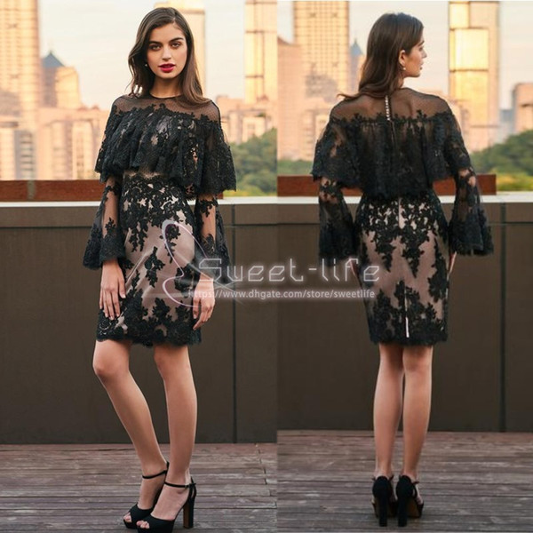Black Lace Sexy Mini Dresses Sheer Bodies Tulle Long Sleeve Knee Lenght Graduation Prom Party Dress Cocktail Dress Gowns for Homecoming