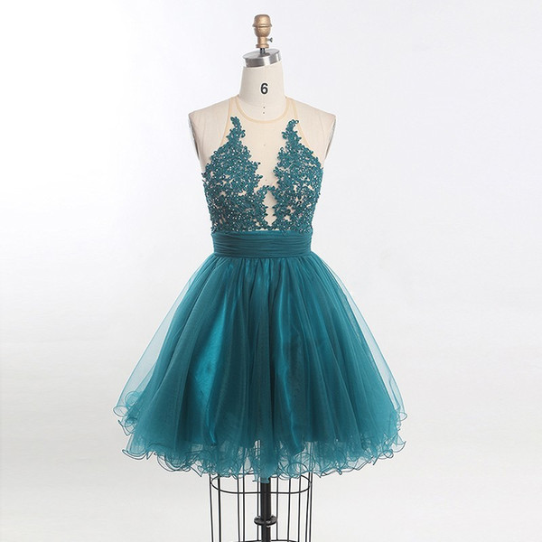 Sexy Teal Lace Short Cheap Graduation Dresses See Through Sequined New Arrival Zipper Back Mini Short Prom Homecoming Dress Gowns