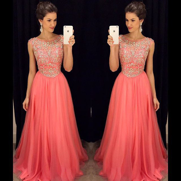 Pink Prom Dresses Crystal Beading Formal Long Graduation Dresses With A Line Jewel Neck Cap Sleeves Zip Back Ball Gowns