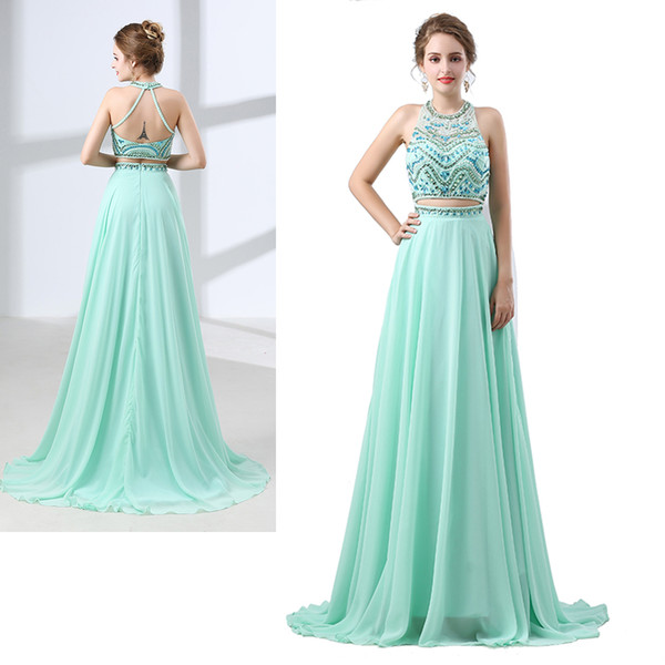 MAGGIEISAMAZING Wholesale halter floor length Two Pieces Dress sleeveless Exposed Boning backless beaded Graduation Dress CYH00006643