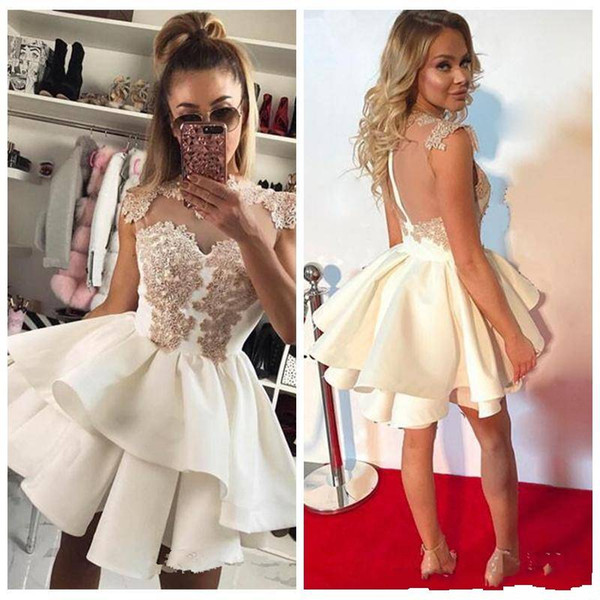 A-Line Short Homecoming Dress Lace Appliques Sheer Back Zipper Mini Party Dress Cocktail Homecoming Club graduation Evening Gowns
