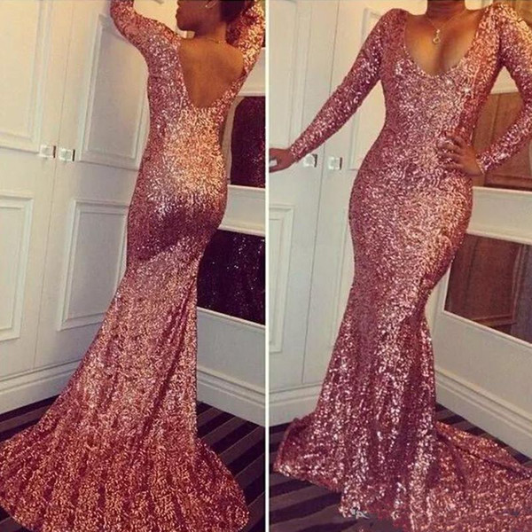 Graduation Dresses Gold Sequined Mermaid Prom Dresses New Scoop Neck Long Sleeves Sexy Evening Dresses