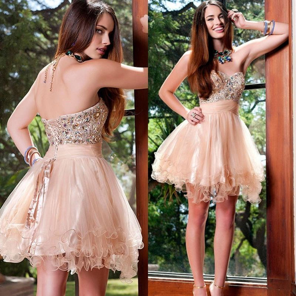 Peach Organza 8th grade Short Prom Graduation Dresses vestido de formatura Rhinestone Beads Sparkly Homecoming Party Dresses Cocktail Dress