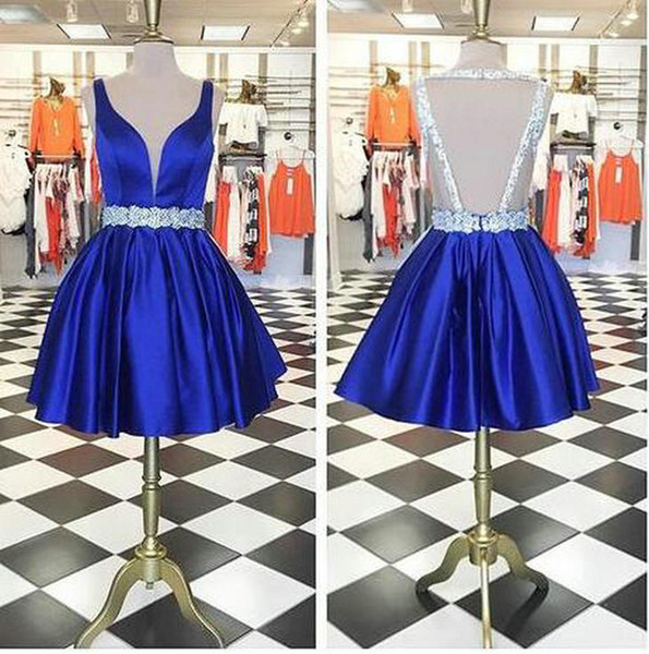 Graduation Dresses Royal Blue Short Bridesmaid Dresses Sheath/Column v-neck Chiffon Satin Backless Evening Dresses Custom size DK044