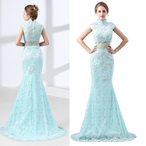 MAGGIEISAMAZING Wholesale High Neck floor length lace dress Exposed Boning back zipper Formal Dresses Graduation Dresses CYH00006633