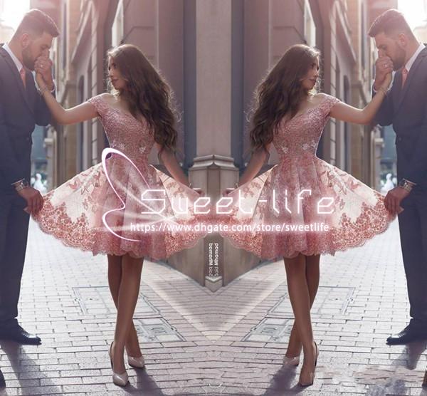 Modest Short A Line Homecoming Dresses Off Shoulder sleeveless Zipper Full Lace Appliques Tulle Tea Length Prom graduation Dresses