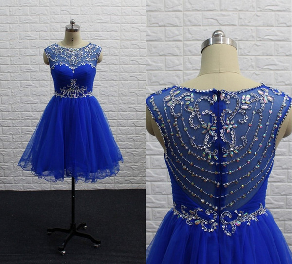 Royal Blue Short Graduation Prom Dresses Sheer Bateau Neck With Cap Sleeves Tulle Crystal Ruched Hollow Back With Zipper Cheap