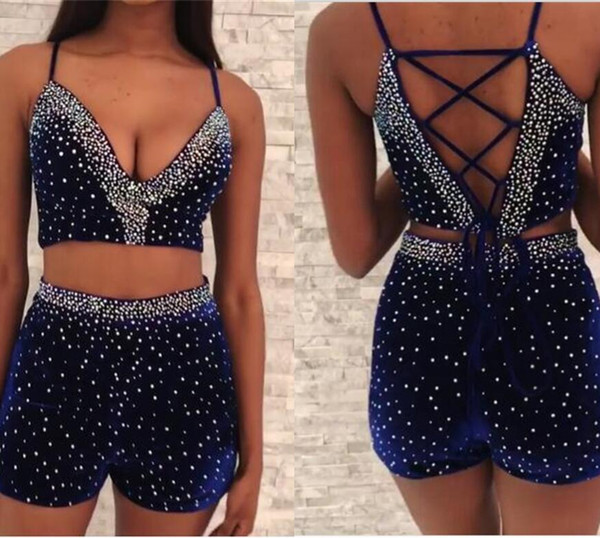 Two Pieces Graduation Dresses Royal Blue Formal Cocktail Dress Crystal Beading Summer Beach Boho Party Gowns