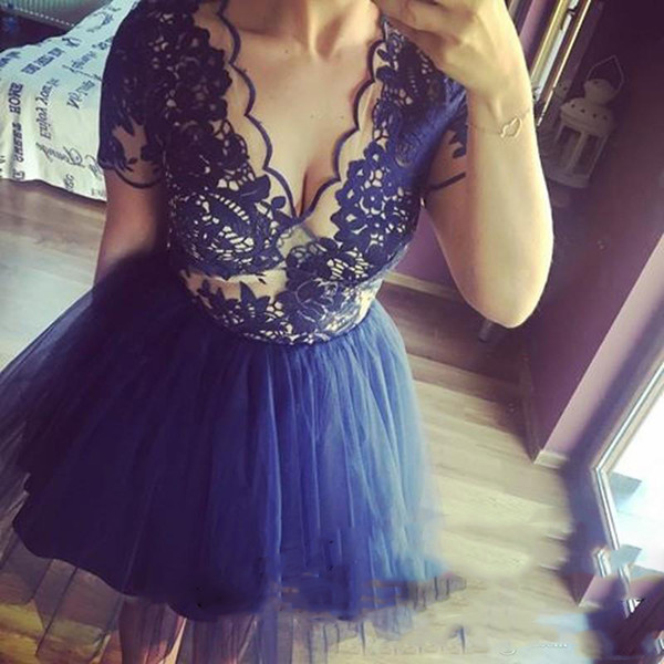 2017 Lace Homecoming Dresses Lace Short Sleeves Navy Graduation Party Gowns Sexy Illusion V Neck Tulle Skirt Mini Ball Gowns