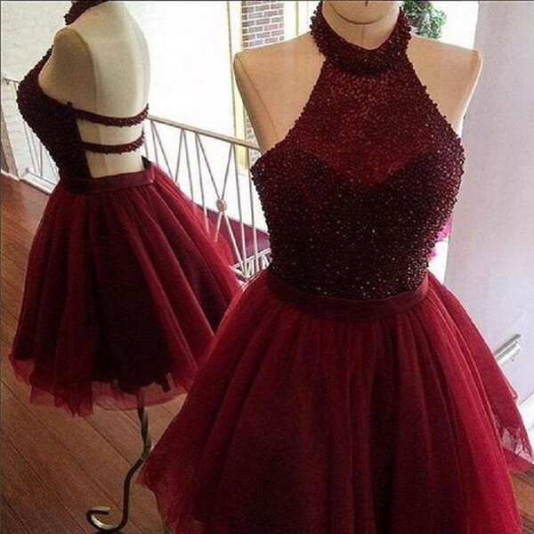 2017 Sexy Burgundy Graduation Dresses Tulle Halter Backless Short Real Photo Beaded Beach A-line Homecoming Party Gowns For Girls