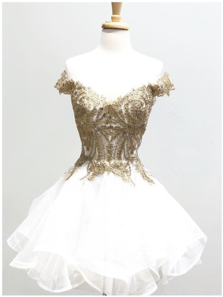 Fashion Gold Lace Short Graduation Prom dresses Off the shoulder Applique Real Photo princess White Homecoming Party Dress Cheap