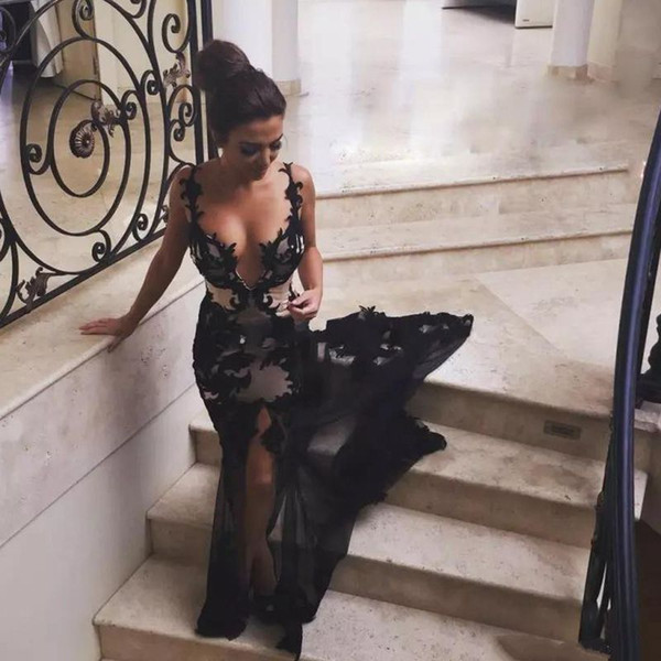 New Sexy Black Illusion Mermaid Evening Dresses Spaghetti Straps Graduation Dresses Tulle Backless Prom Dress Evening Party Gowns