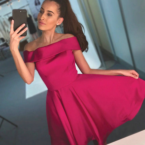 Fuchsia Graduation Dresses Short/Mini Princess Off the Shoulder Short Dress Bateau Homecoming Dresses DK307