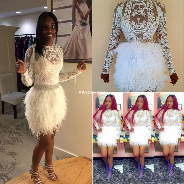 Sexy Feather Short Mermaid Cocktail Dresses Long Sleeves Sheath Lace Applique Short Prom Gowns Cheap Mini Formal Party graduation Dress