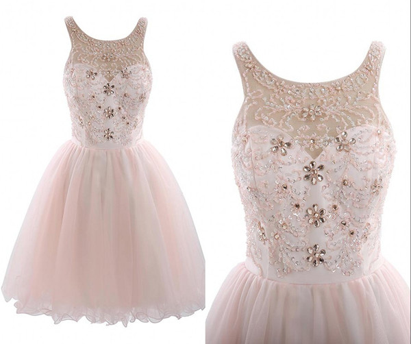Blush Pink Short Graduation Prom dresses Cheap Tulle Princess Designer Crystal Beaded Sequins Backless Mini Homecoming Party Dress Cheap