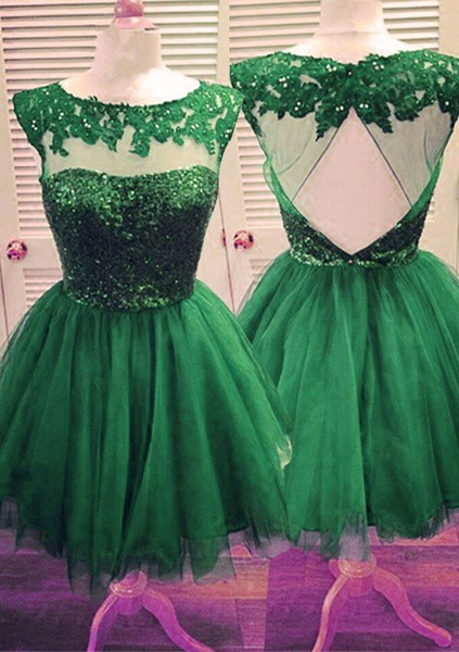 Green Lace Short Graduation Prom dresses Cap Short Sleeves Appliques Tulle Pleated Keyhole Back Homecoming Party Dress Cheap