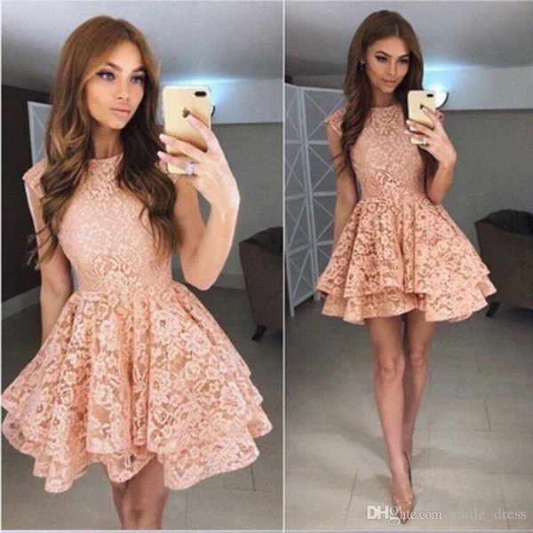 Cheap Ball Gown Lace Homecoming Dresses Puffy Ruffles Jewel Zipper Up Short Graduation Dress Prom Party Dress SH010