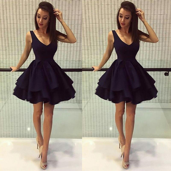 Cheap Black Puffy Short Party Dresses A Line Deep V Neck Satin 8th Grade Prom Dresses Homecoming Dresses SH004